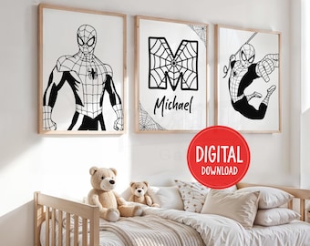 Spiderman Personalized Prints, Set of 3, Black & White, Nursery Decor (Digital Download)