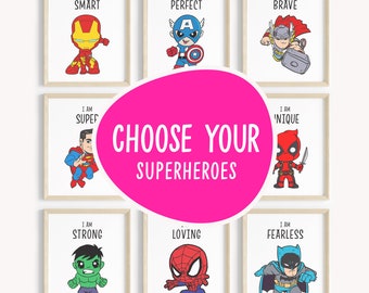 Impresiones de afirmaciones de superhéroes, arte mural de superhéroes, decoración para habitación infantil, impresas y enviadas