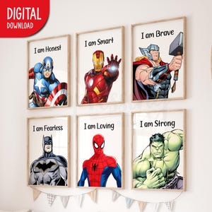 Superhero &#39;I AM&#39; Affirmations Digital Posters, Superhero Wall Art, Set of 6 Prints, Superhero Prints, Superhero Posters, Digital Download