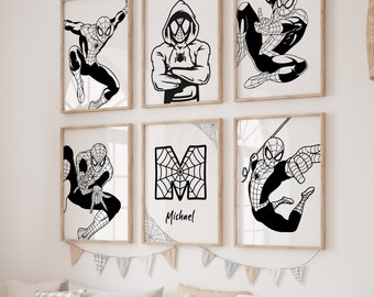 Spiderman Themed Personalised Name Wall Art, Set of 6 Prints, Spiderman Wall Art, Monochrome Superhero Prints, Black and White Superhero