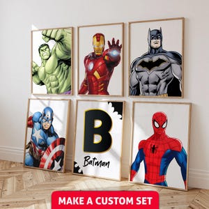 Maak een set: gepersonaliseerde superheldennaamafdrukken, jongensslaapkamerdecoratie, superhelden, digitale download