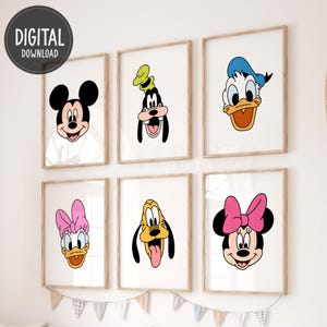 Pósteres digitales de Mickey y sus amigos, juego de 6 impresiones, impresiones de Mickey Mouse, arte de pared imprimible para niños, decoración de dormitorio de niño, descarga instantánea