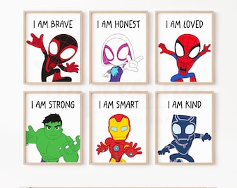 Spidey and Friends Affirmation Prints, Miles Morales, Spider Gwen, Hulk, Ironman, Instant Download