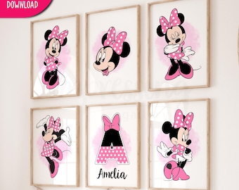 Decoración personalizada de Minnie Mouse para habitación de niña, color rosa, juego de 6 (descarga digital)