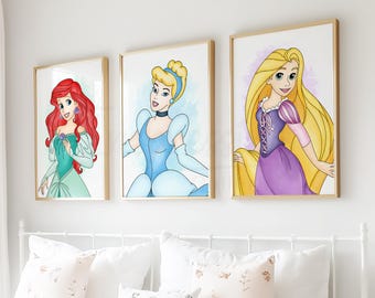 Princess Watercolor Wall Art, Nursery and Playroom Prints, Printed & Shipped