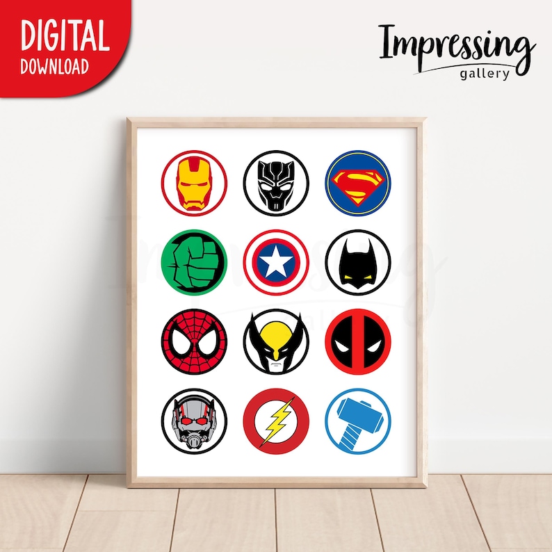 Lámina decorativa con collage de símbolos de superhéroes, arte mural de superhéroes, decoración para guardería y sala de juegos (descarga digital) imagen 9