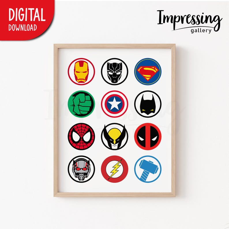 Lámina decorativa con collage de símbolos de superhéroes, arte mural de superhéroes, decoración para guardería y sala de juegos (descarga digital) imagen 8
