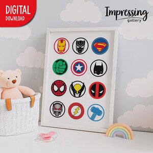 Lámina decorativa con collage de símbolos de superhéroes, arte mural de superhéroes, decoración para guardería y sala de juegos (descarga digital) imagen 3