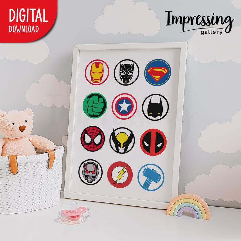 Lámina decorativa con collage de símbolos de superhéroes, arte mural de superhéroes, decoración para guardería y sala de juegos (descarga digital) imagen 3