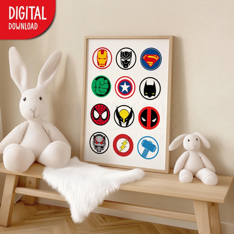 Lámina decorativa con collage de símbolos de superhéroes, arte mural de superhéroes, decoración para guardería y sala de juegos (descarga digital) imagen 2