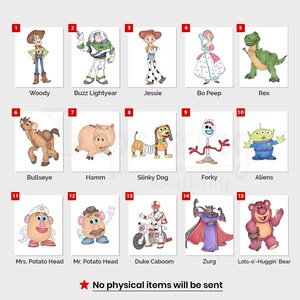 Peut inclure: Une collection de 15 illustrations de personnages de dessins anim&eacute;s de la franchise Toy Story. Les personnages incluent Woody, Buzz Lightyear, Jessie, Bo Peep, Rex, Bullseye, Hamm, Slinky Dog, Forky, Aliens, Mrs. Potato Head, Mr. Potato Head, Duke Caboom, Zurg et Lots-o'-Huggin' Bear.