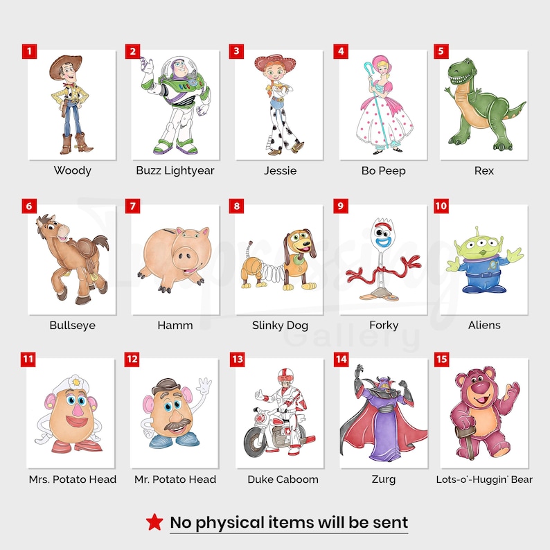 Peut inclure: Une collection de 15 illustrations de personnages de dessins anim&eacute;s de la franchise Toy Story. Les personnages incluent Woody, Buzz Lightyear, Jessie, Bo Peep, Rex, Bullseye, Hamm, Slinky Dog, Forky, Aliens, Mrs. Potato Head, Mr. Potato Head, Duke Caboom, Zurg et Lots-o'-Huggin' Bear.