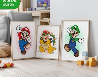 Láminas de Super Mario, Luigi y Bowser para decoración de habitaciones infantiles (descarga digital)