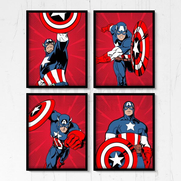 Captain America Poster, Set of 4, Superhero Bedroom Decor, Captain America Wall Art, Superhero Print, Superhero Wall Art, INSTANT DOWNLOAD