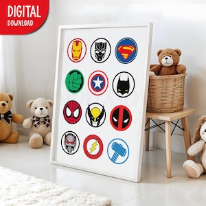 Lámina decorativa con collage de símbolos de superhéroes, arte mural de superhéroes, decoración para guardería y sala de juegos (descarga digital) imagen 1
