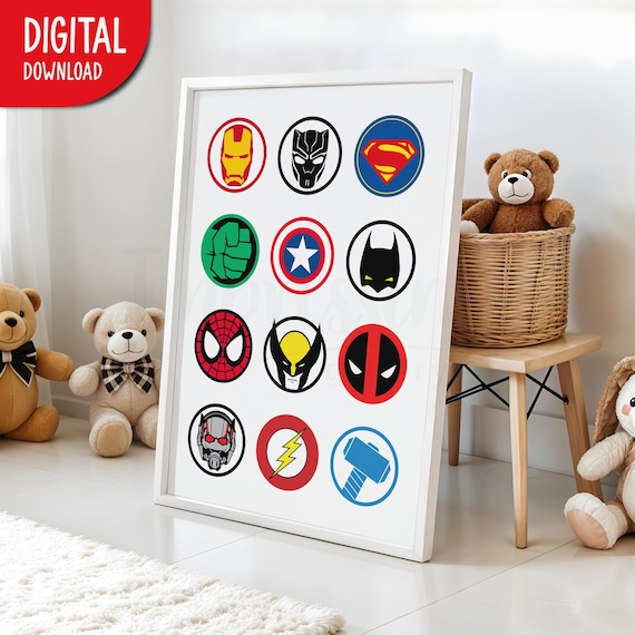 Superheroes Symbol Collage Print, Superhero Wall Art, Nursery & Playroom Decor (Digital Download)