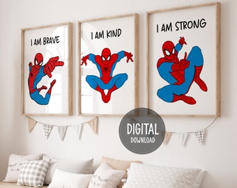Könnte beinhalten: Drei druckbare Wandbilder mit einem Comic-Spiderman-Charakter in verschiedenen Posen. Jeder Druck hat eine andere Botschaft: "Ich bin mutig", "Ich bin freundlich" und "Ich bin stark".