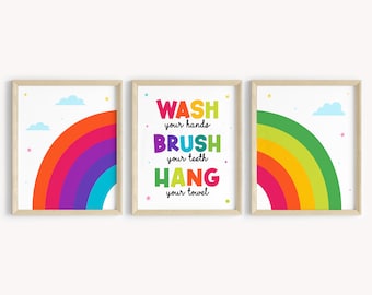 Decoración de pared para baño infantil con temática de arcoíris, impresiones coloridas (descarga digital)