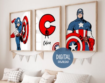 Láminas personalizadas de Capitán América con nombre, láminas de superhéroes, decoración para la pared de la sala de juegos, decoración para la habitación del bebé (descarga digital)