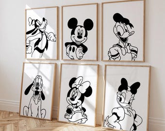 Mickey Mouse & Friends Prints, Black and White, Minnie, Goofy, Nursery Wall Art (Digital Download)