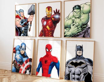 Superhero Nursery Wall Art, Set of 6, Boy Room Decor, Instant Download