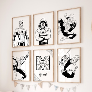 Spiderman Themed Personalised Name Wall Art, Set of 6 Prints, Spiderman Wall Art, Monochrome Superhero Prints, Black and White Superhero