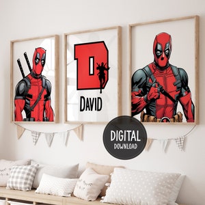 Arte murale personalizzata con nome a tema Deadpool, set di 3 stampe, poster digitali Deadpool, stampe di supereroi, decorazioni per la camera dei ragazzi, download digitale