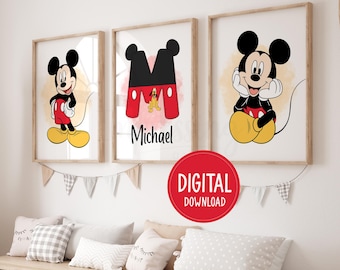 Personalized Mickey Mouse Print Set of 3 : Nursery Wall Art (Digital Download)