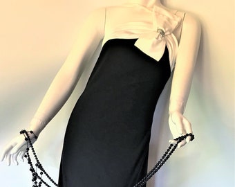 IMAGE (USA) Vintage 1990s Black Stretch Jersey Evening Dress Size S *(6-8-10) White Pleated Satin Jeweled Bow