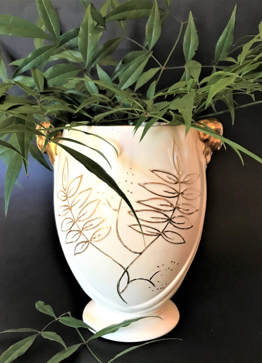 CROWN DEVON england Mid Century Ivory & Gold Ceramic Vase Rams Head Handles Leaf Motif Art Deco