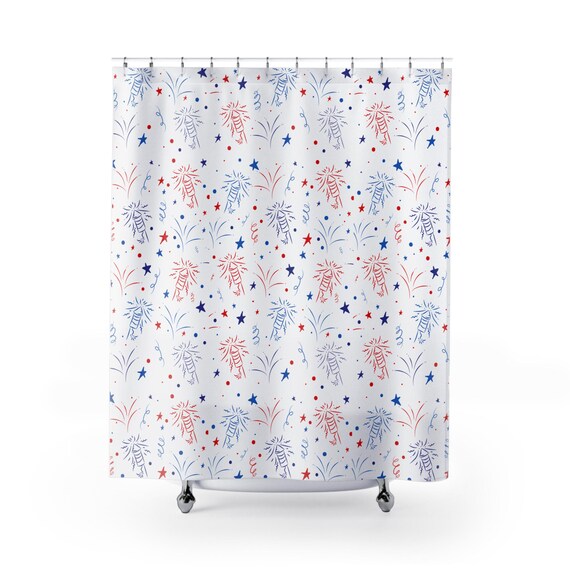 Festive Fireworks Shower Curtain, Patriotic Bathroom Decor, 4th of July Celebration, Independence Day, Star & Stripe Theme