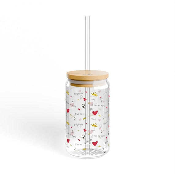 16oz Sipper Glass for Stylish Sipping, Joyful Designs, Perfect for Gifts, Eco-Friendly Kitchenware, Vibrant Colors, Bamboo Lid and Straw,