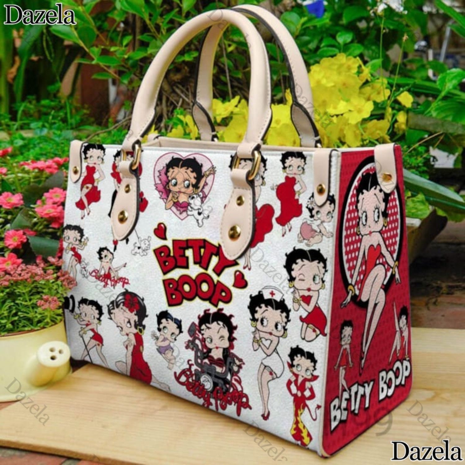 Betty Boop Tote Purse bag, clear with multi print- Tan handles and trim-B  zipper