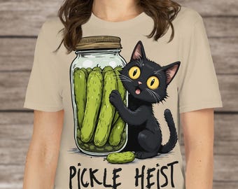 Pickle Heist Cat T-Shirt, Funny Unisex Cat-Burglar Shirt, Pickle-Lover & Cat-Lover Gift
