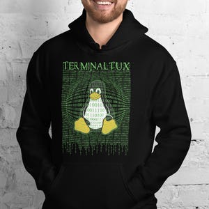 Linux Terminal Tux Penguin Unisex Hoodie och T-shirt, Programmerare Merch Med Binär Regn Grafik, Hacker, Kodare Geek & Nörd Gåva