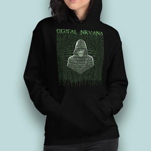 Digital Nirvana Binary Rain Unisex Hoodie & T-shirt, Gåva för Programmerare, Tekniknördar, Kodare och Hackare, Anonym Hackerkläder