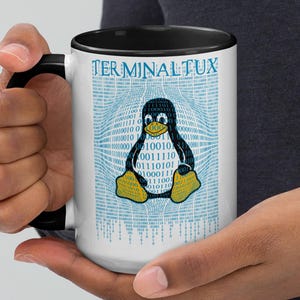 Terminal Tux Programmer Coffee Mug, Open Source Linux Coder Gift, Binary Rain Penguin Coffee Cup for Coders, Geeks & Hackers