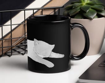 Sleeping Cat Coffee Mug | Sleepy-Cat Tea Cup | Funny Black Cat Present | Animal & Cat-Lover Gift