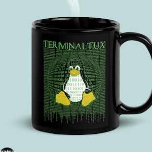 Terminal Tux Penguin Mug, Linux Hacker Coder and Programmer Gift, Binary Rain Geek Coffee Cup, Linux Geek Present for Coding Techies