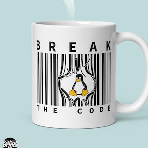 Break the Code Tasse -Linux Pinguin Strichcode Kunst Tasse - Coder Geschenk für Rebellen und Hacker -Linux Geek Geschenk für Coders & Techies