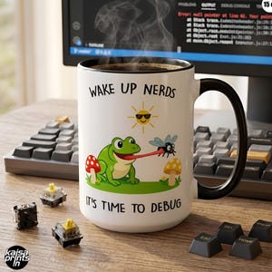 Funny Coder Mug | Debugging Frog Cup | Wake Up Nerds | Nerdy Programmer Toad Meme Gift