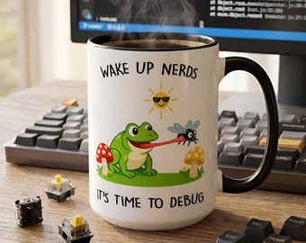 Funny Coder Mug | Debugging Frog Cup | Wake Up Nerds | Nerdy Programmer Toad Meme Gift