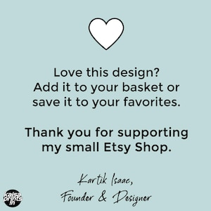 Puede incluir: Fondo azul claro con un icono de coraz&oacute;n blanco en la parte superior. El texto dice: "&iquest;Te gusta este dise&ntilde;o? A&ntilde;&aacute;delo a tu cesta o gu&aacute;rdalo en tus favoritos. Gracias por apoyar mi peque&ntilde;a tienda de Etsy."
