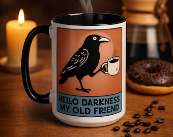 Grappige raaf koffiemok | Hello Darkness My Old Friend-beker | Cadeau kraaivogelwachter