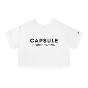 May include: White cropped t-shirt with black text that reads "CAPSULE CORPORATION"