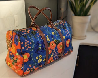 Floral Blue and Orange Duffle Bag, Weekender Bag, Carry on Luggage, Waterproof Travel Bag for Women, Overnight Bag, Gift for Her