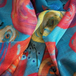 Teal, Pink and Peach Floral Painted Womens Scarf, Wedding Shawl, Resort Wear,  Lightweight Summer Scarf,