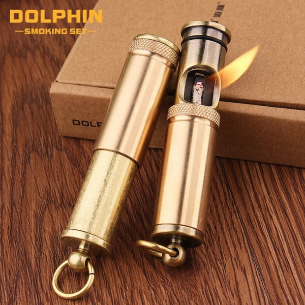 Dolphin Cylindrical Creative Retro Pure Brass Cylinder Trench Kerosene Lighter Funny Novelty Gadget Key Ring