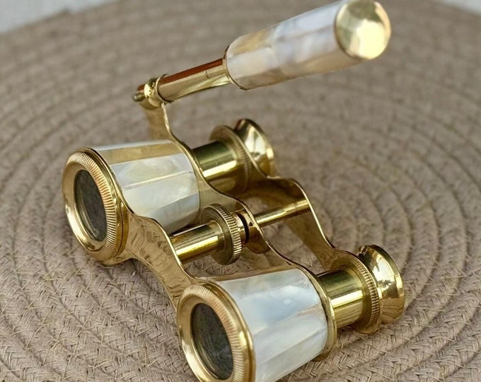 Personalized Brass Opera Glasses with Mother of Pearl - Engraved Leather Case