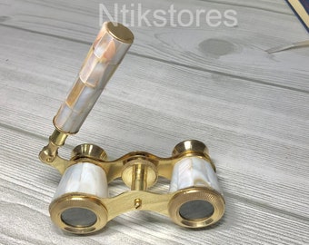 Vintage Opera Glasses Ornate Brass Frame, Mother of Pearl Accents, Elegant Handle, & Authentic Brass Fittings A Masterpiece Gift from India